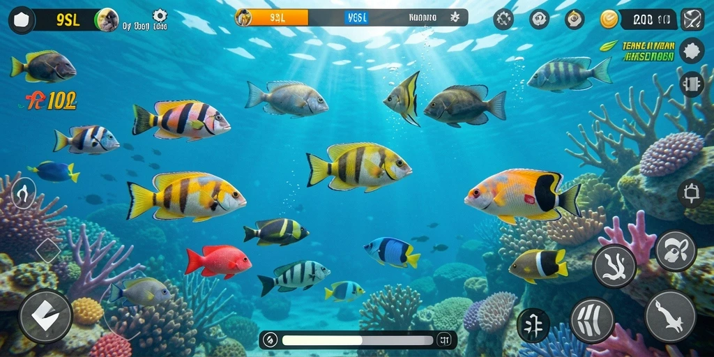 Gameplay seru 9SL dengan berburu ikan berwarna-warni.