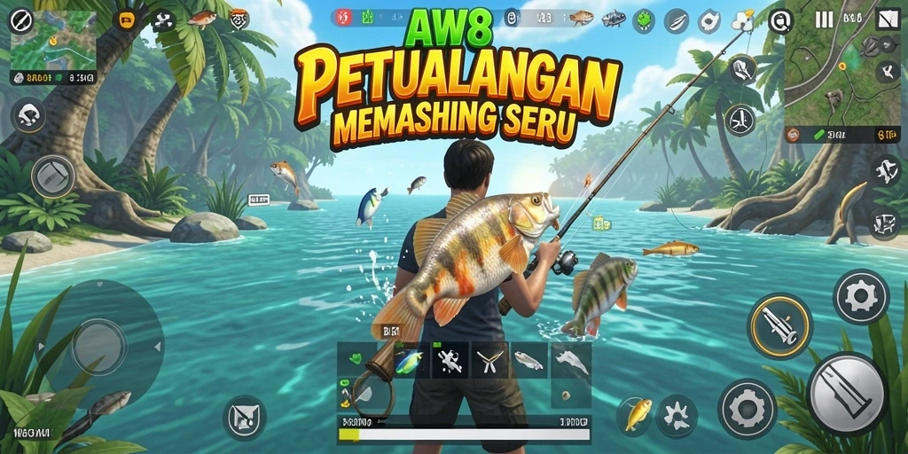 Screenshot gameplay AW8 memperlihatkan aksi memancing yang seru dan menantang.