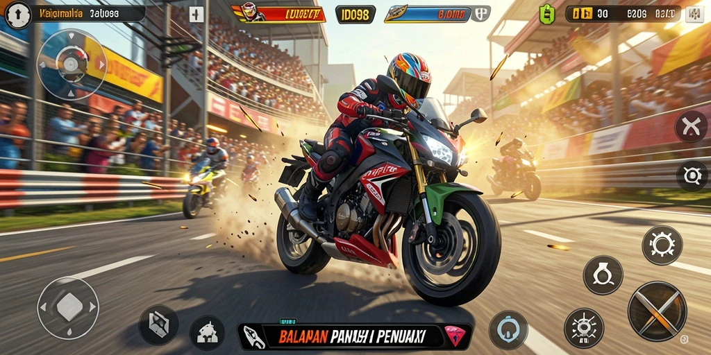 Tampilan balapan seru dalam ID098 dengan motor tercepat.
