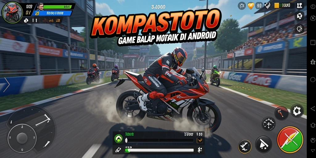 Tampilan gameplay seru di KOMPASTOTO saat balapan motor di lintasan.