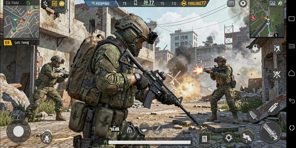 Tampilan aksi menegangkan dalam gameplay PANGLIMA77 di medan perang.