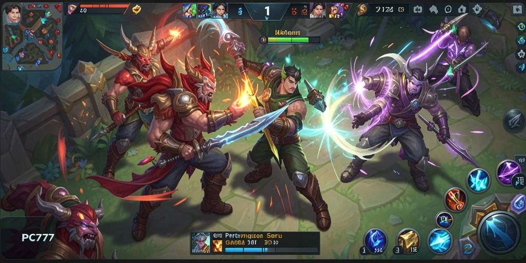 Tampilan gameplay seru dari PC777 saat pertarungan antar pahlawan.