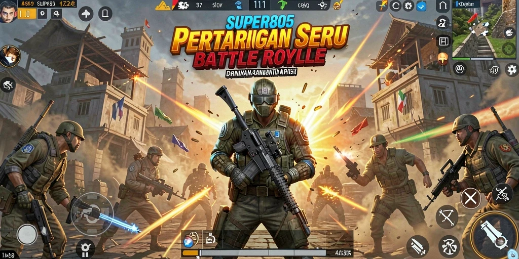 Tampilkan screenshot permainan SUPER805 dengan aksi Battle Royale yang seru.