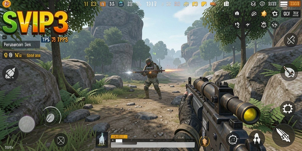 Screenshot gameplay SVIP3 menampilkan aksi tembak-menembak yang intens.