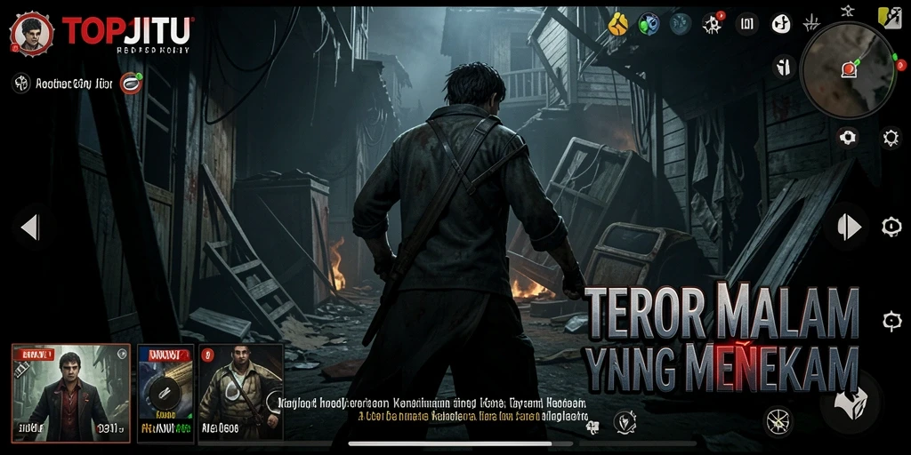 Screenshot gameplay dari TOPJITU menampilkan momen-momen menegangkan dan monster menyeramkan.
